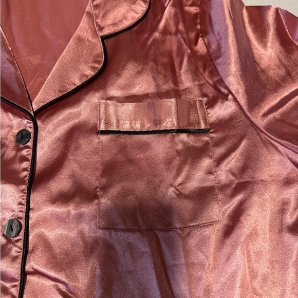Womens Satin Pajama Set Long Sleeve Button Down Top Pants Sleepwear Rose Gold L - Picture 8 of 9